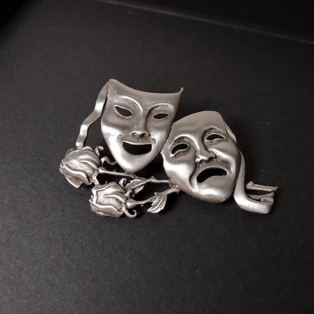 Silver Tone Comedy And Tragedy Metal Brooch